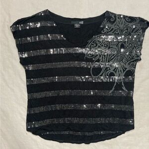 FOX black sequin striped women’s XS top short cap sleeve